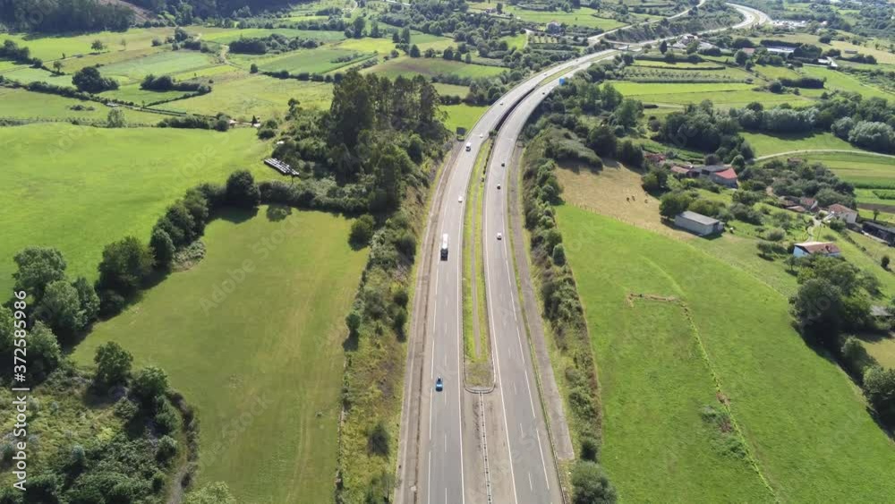 Road For Cars. Highway in Colunga,Asturias. Spain. Aerial drone Footage Road For Cars. Highway in Colunga,Asturias. Spain. Aerial drone Footage