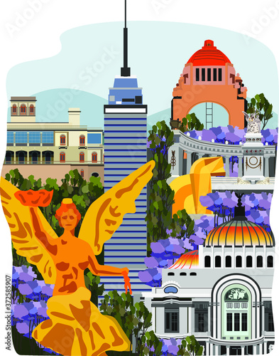 Mexico City iconic buildings collage illustration 