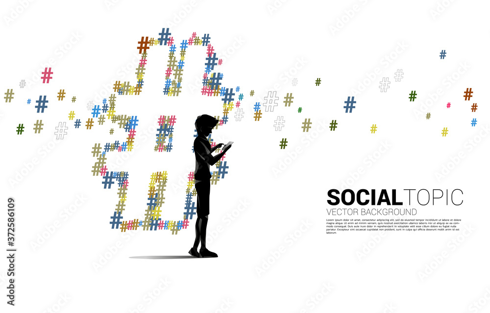 Silhouette of man use mobile phone and Hash tag background .concept for social media topic and news.