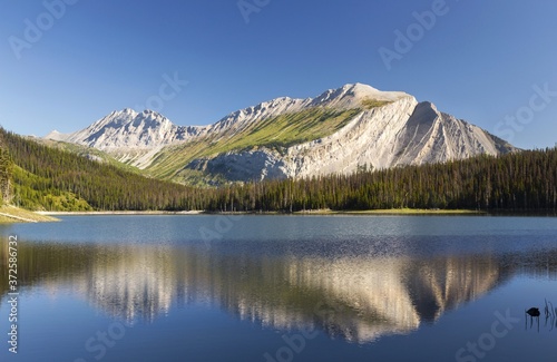 Fototapeta Naklejka Na Ścianę i Meble -  Mountain Peaks reflected in Calm Water of Scenic Alpine Lake.  Beautiful Landscape in Kananaskis Country, Alberta Canada 