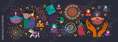 Happy Diwali. Indian festival of lights. Vector abstract flat illustration for the holiday, lights, hands,  Indian people, woman and other objects for background or poster.  
