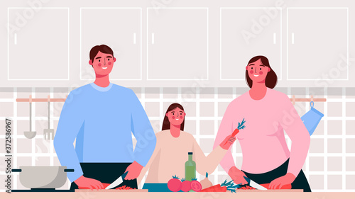 Home cooking. Family cooking healthy or vegetarian meal on table in the kitchen. Mother, father and kid cooking together. Parent teach daughter to cooking food. Flat cartoon vector illustration.