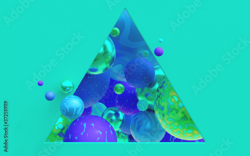 3D render background triangle spheres blue green