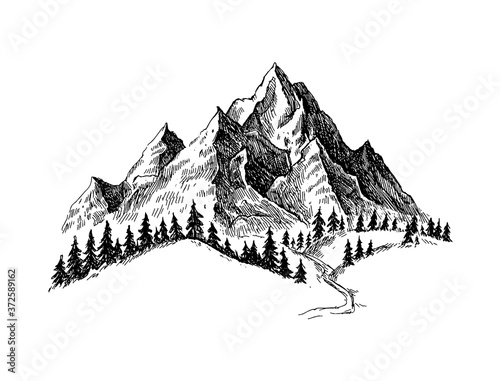 Mountain with pine trees and landscape black on white background. Hand drawn rocky peaks in sketch style.  photo