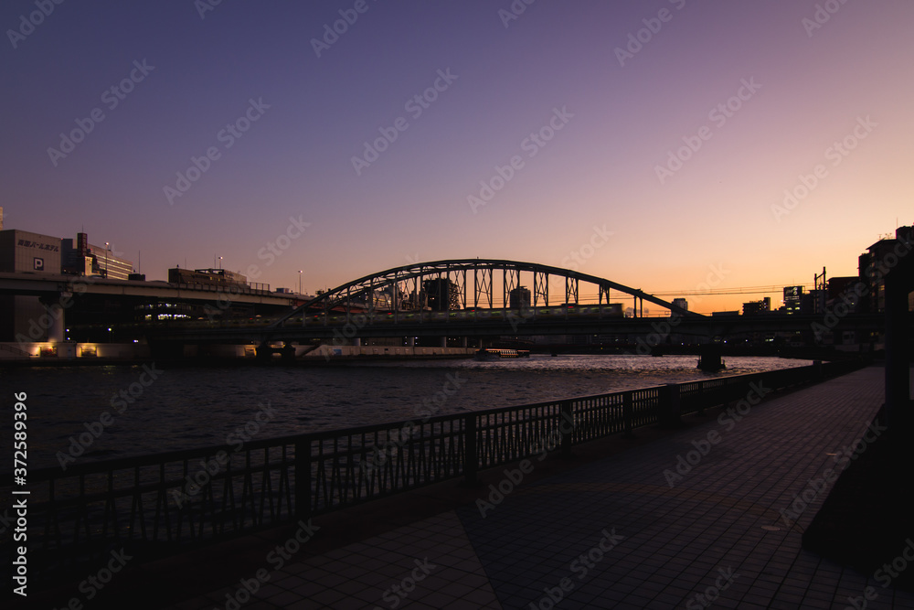 Naklejka premium Train Going Over the Sumida Rive in Tokyo Japan