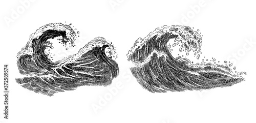 Sea wave sketch. Vintage hand drawn ocean tidal storm waves isolated on white background for surfing and seascape. 