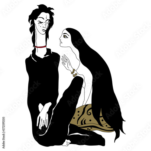 Beautiful young couple. Salome and John the Baptist. Young woman with long hair and man with severed neck. Male and female archetypes.
