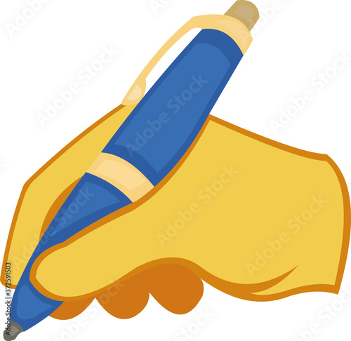 Vector emoticon illustration of a hand, writing with a pen