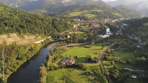 Asturias. Nalon River and beautiful landscape in Priañes.Spain. Aerial Drone Footage photo