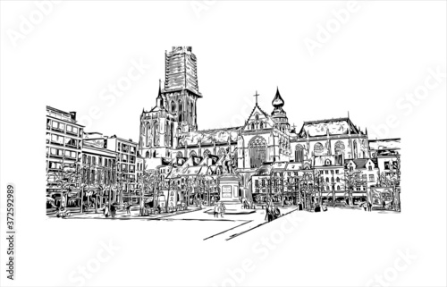 Building view with landmark of Antwerp is a city in Belgium and the capital of Antwerp province in the Flemish Region. Hand drawn sketch illustration in vector. photo