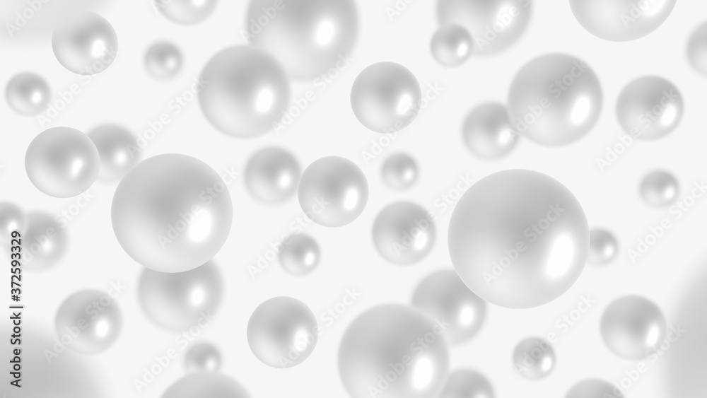 White pearls isolated on gray background. 3d illustration. Abstract 3d spheres.