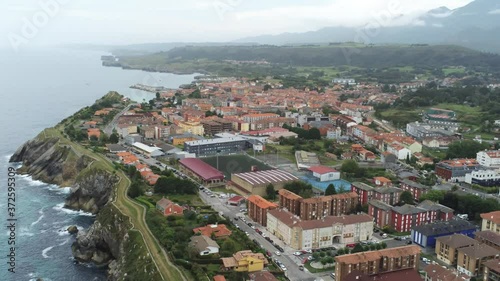 Llanes, beautiful coastal village of Asturias,Spain. Aerial Drone Footage