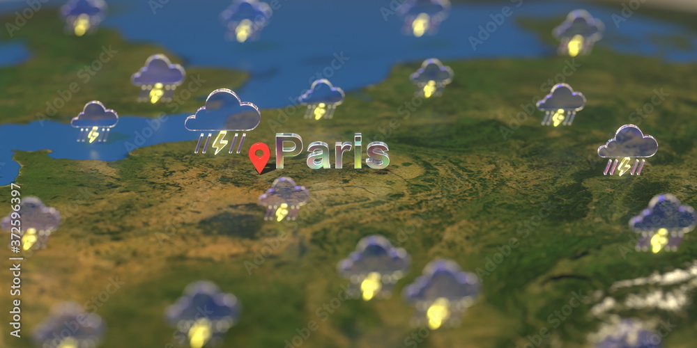 Stormy weather icons near Paris city on the map, weather forecast related 3D rendering Stormy weather icons near Paris city on the map, weather forecast related 3D rendering