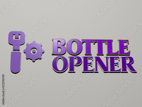 BOTTLE OPENER icon and text on the wall, 3D illustration for background and glass