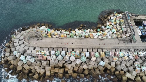Harbour in Llanes, beautiful coastal village of Asturias,Spain. Aerial Drone Footage