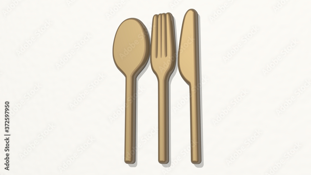 SPOON, FORK AND KNIFE 3D drawing icon, 3D illustration for background and food