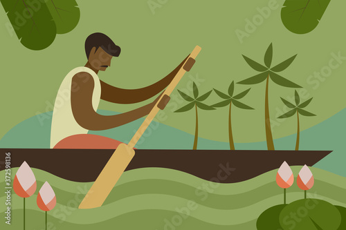 Village man rowing a wooden boat in the water