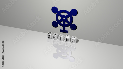 swing text of cubic dice letters on the floor and 3D icon on the wall, 3D illustration for beautiful and girl