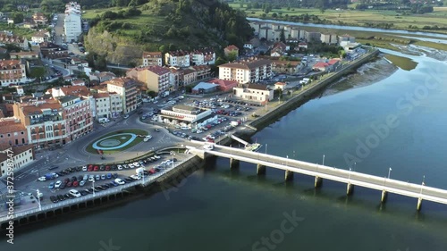 Bridge in Ribadesella, coastal village of Asturias,Spain. Aerial Drone Footage photo