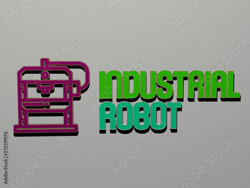 3D representation of industrial robot with icon on the wall and text arranged by metallic cubic letters on a mirror floor for concept meaning and slideshow presentation for background and photo