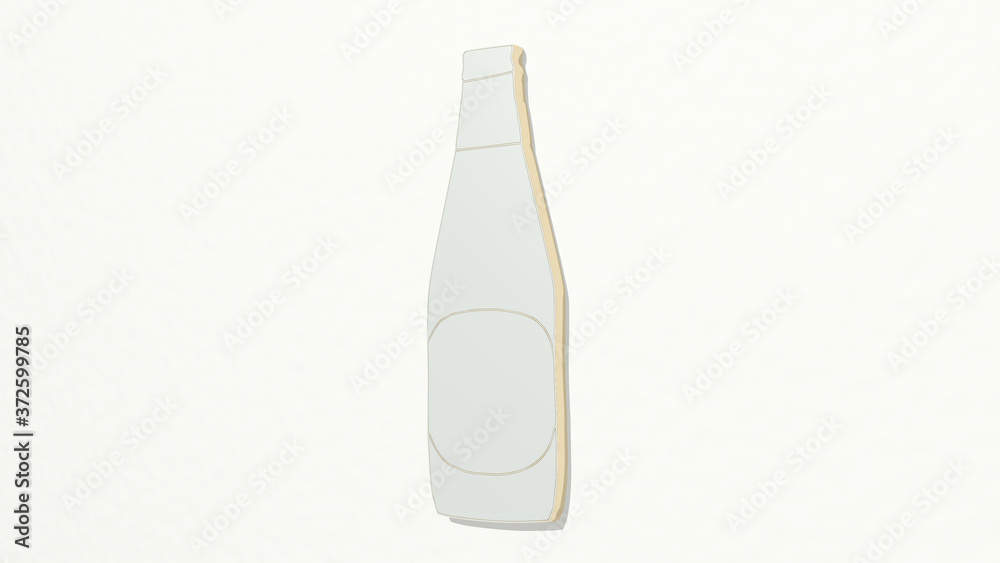 BOTTLE made by 3D illustration of a shiny metallic sculpture on a wall with light background for glass and white BOTTLE made by 3D illustration of a shiny metallic sculpture on a wall with light background for glass and white