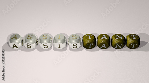 crosswords of assistant arranged by cubic letters on a mirror floor, concept meaning and presentation for illustration and business