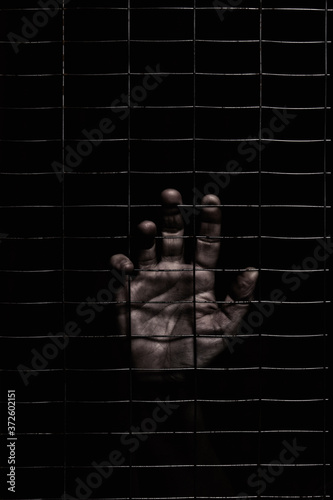 female hands behind a fence made of mesh on a black background