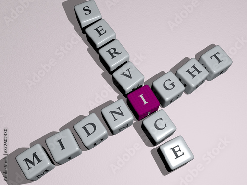 christmas: midnight service crossword by cubic dice letters, 3D illustration for background and blue