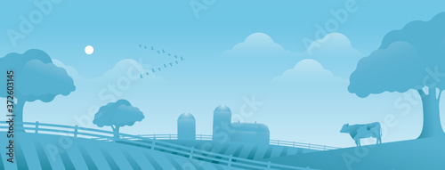 Beautiful morning day on rural country side. Farm landscape background illustration with blue sky, tree, ranch and cow.