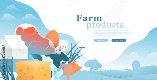 Farm products web template illustration. Agriculture and farming animal product concept for rural business or food production. Includes dairy, cow, pig, hen, country landscape.