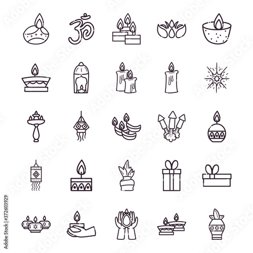 diwali line style symbols set vector design