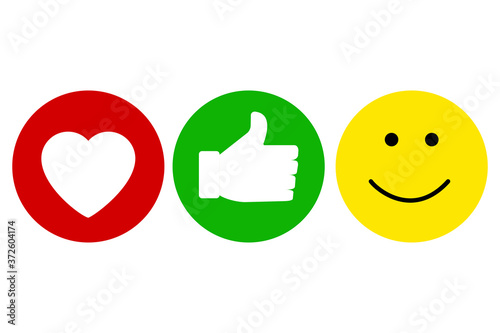 Emoji icons. Heart like and smile. Social buttons. Set of flat buttons with emotions. Vector illustration. Stock image.