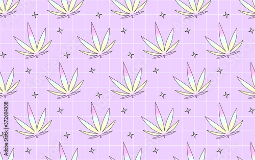 Stylish holographic cannabis leaf and stars seamless pattern with grid background vector art.