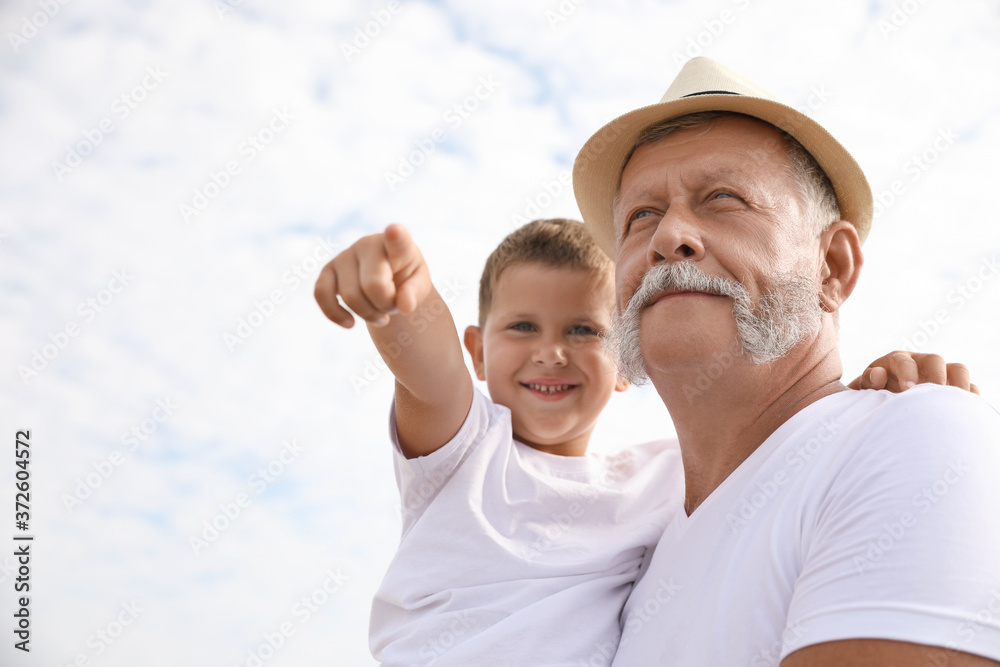 Grandfather with little boy outdoors in summer