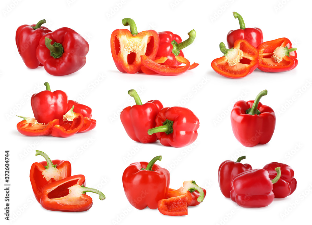 Set of red bell peppers on white background Set of red bell peppers on white background