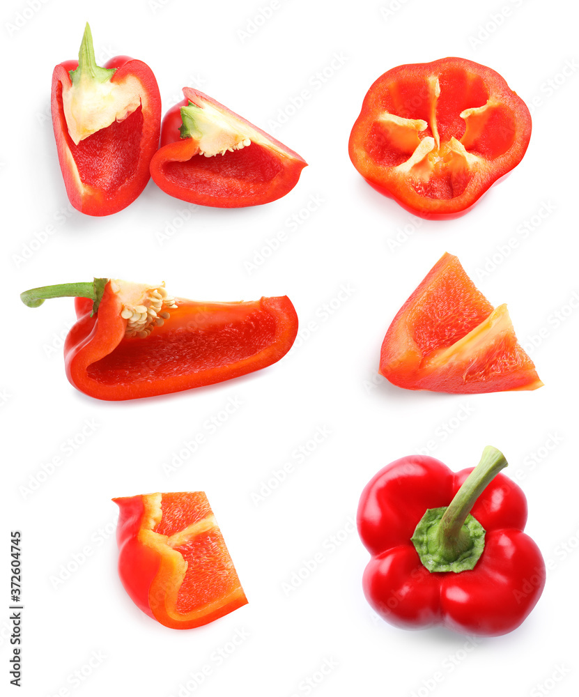 Naklejka premium Set of red bell peppers on white background, top view