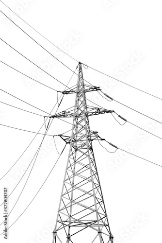 High voltage tower isolated on white. Electric power transmission