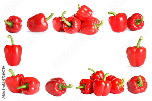 Frame of red bell peppers on white background