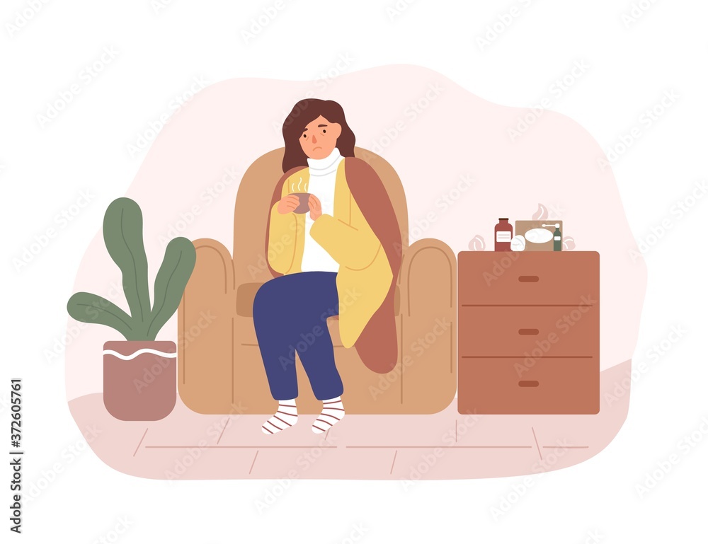 Unwell woman sitting on armchair covering plaid having influenza symptoms vector flat illustration. Sickness female having cold disease holding cup with hot beverage isolated. Seasonal viral flu