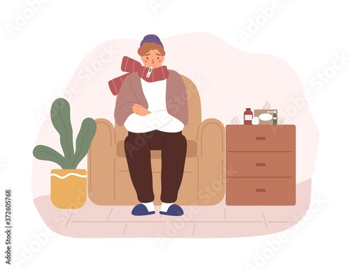 Illness guy sit on armchair with thermometer in mouth vector flat illustration. Male in scarf with fever or cold disease having influenza symptoms isolated. Man shivering with seasonal sickness