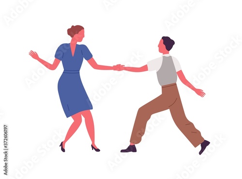 Couple performing Lindy hop or Swing dance elements holding hands vector flat illustration. Man and woman enjoying hobby or choreography activity together isolated. People dancing at party or school