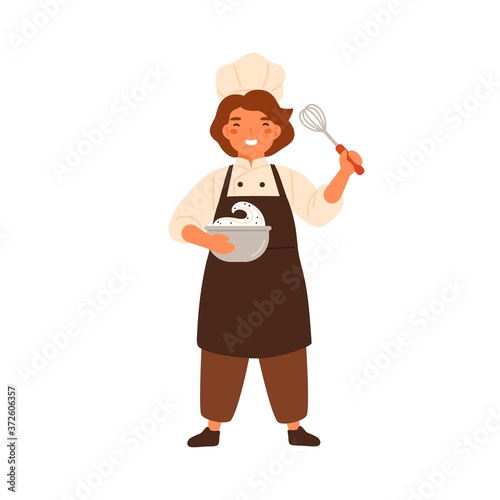 Happy girl confectioner holding bowl with whipped cream and corolla vector flat illustration. Smiling little chef in cooking apron and toque preparing dessert isolated on white. Cute kid in uniform