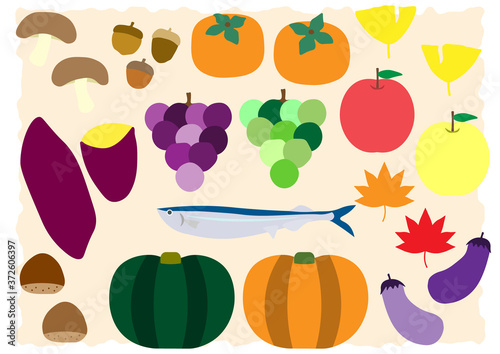 秋　味覚　野菜　果物　素材 　アイコン　セット　autumn  vegetables fruit  icon set