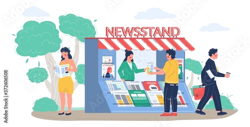 Street newsstand with saleswoman selling newspapers and magazines, man buying and woman reading fresh news, press or journal, vector flat illustration. Newspaper stand kiosk concept. photo
