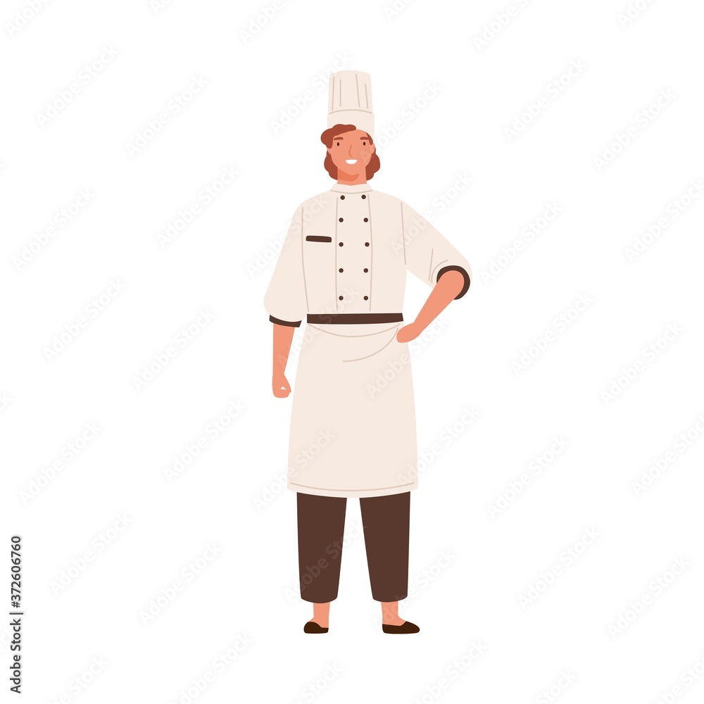 Smiling female chef in toque and uniform vector flat illustration. Happy woman professional cooker standing isolated on white. Adorable kitchen worker having positive emotion Smiling female chef in toque and uniform vector flat illustration. Happy woman professional cooker standing isolated on white. Adorable kitchen worker having positive emotion