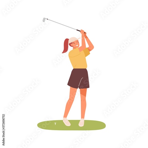 Smiling girl holding niblick after hit on ball vector flat illustration. Happy woman in cap and sportswear swinging golf club isolated on white. Joyful active female standing on green lawn