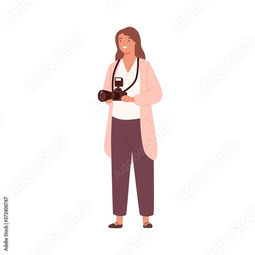 Smiling woman professional photographer holding camera vector flat illustration. Cheerful female standing with photographing equipment isolated on white. Friendly girl enjoying creative hobby