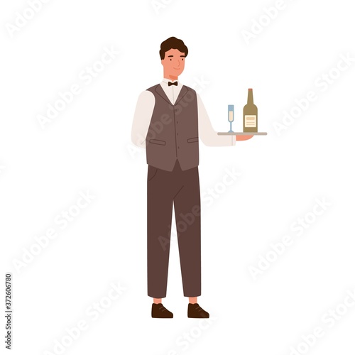 Friendly male waiter holding tray with bocal and bottle of champagne vector flat illustration. Smiling restaurant staff carrying alcohol beverage isolated on white. Cafeteria attendants service