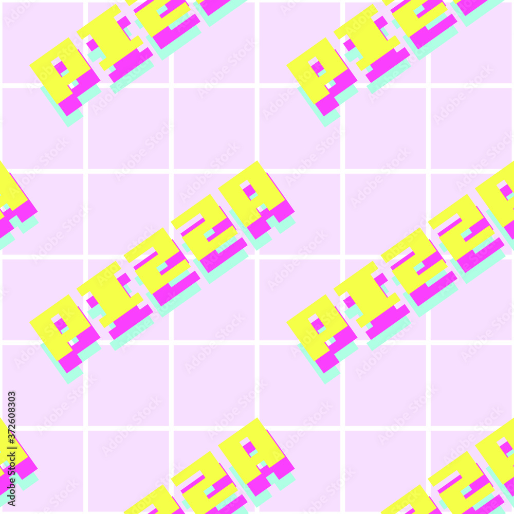 Pizza text in pixelated font seamless pattern with grid background, retro vector art.