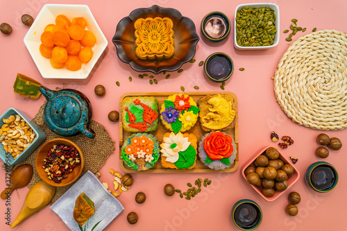 Wallpaper Mural Flat lay mid autumn festival colorful food and drink on sweet pink background. Torontodigital.ca